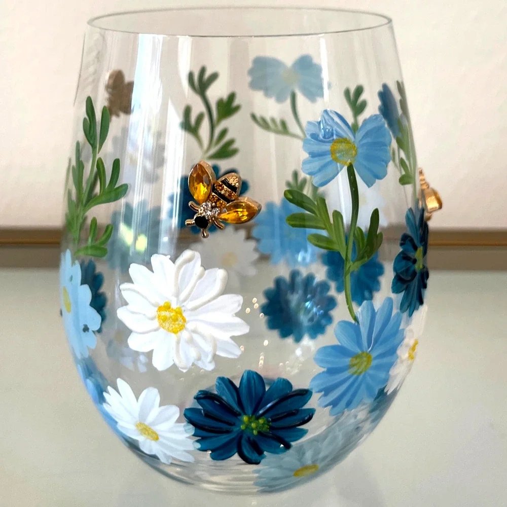 Hand Painted & Jeweled Stemless Wine Glass Blue Daisy Floral Bumblebee NEW